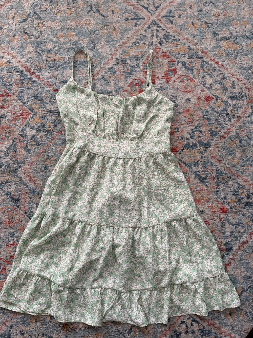 Floral Green Tiered Sundress with Spaghetti Straps